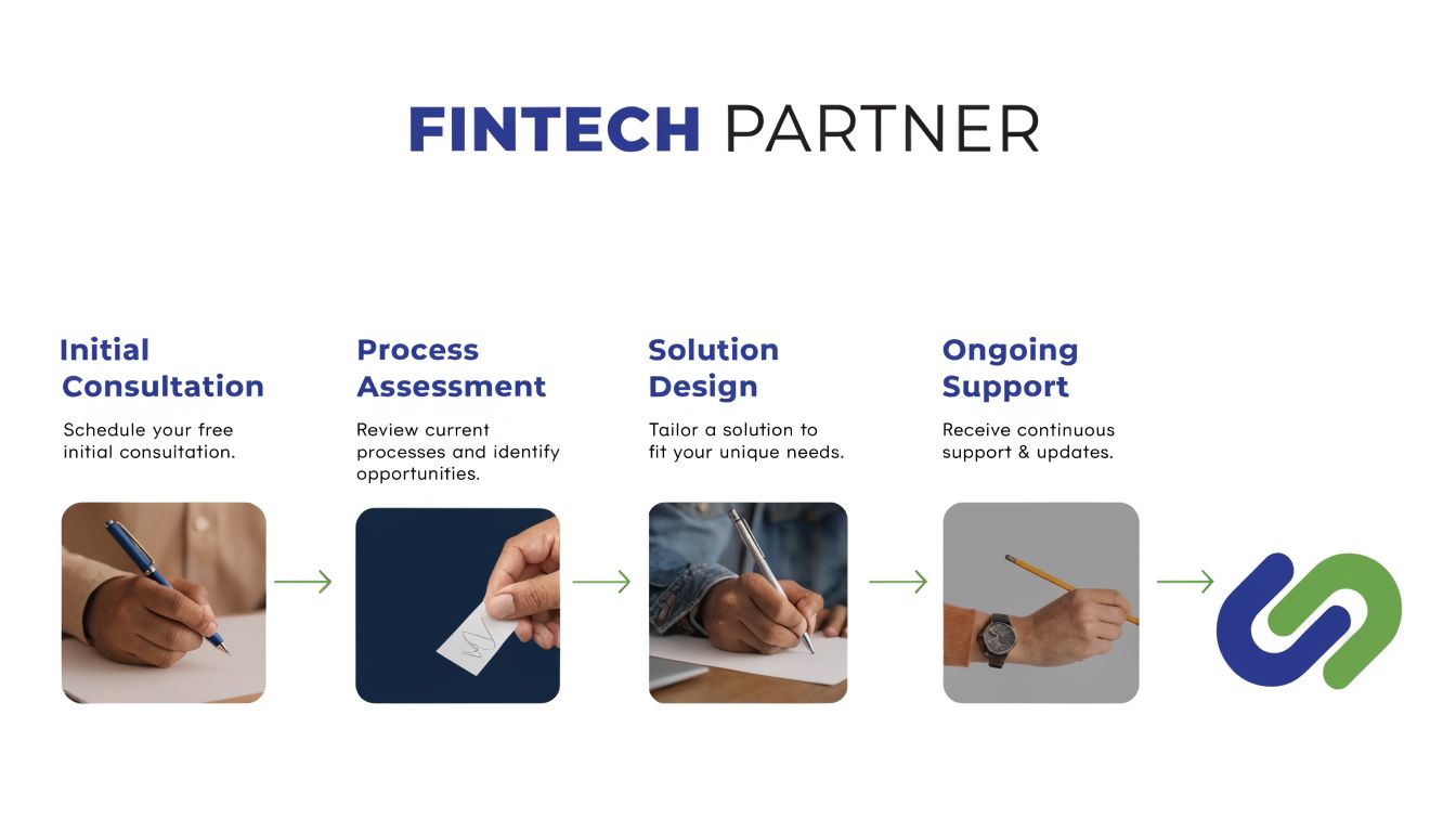 A four-step infographic illustrating the fintech software development process from initial consultation to final ongoing support.