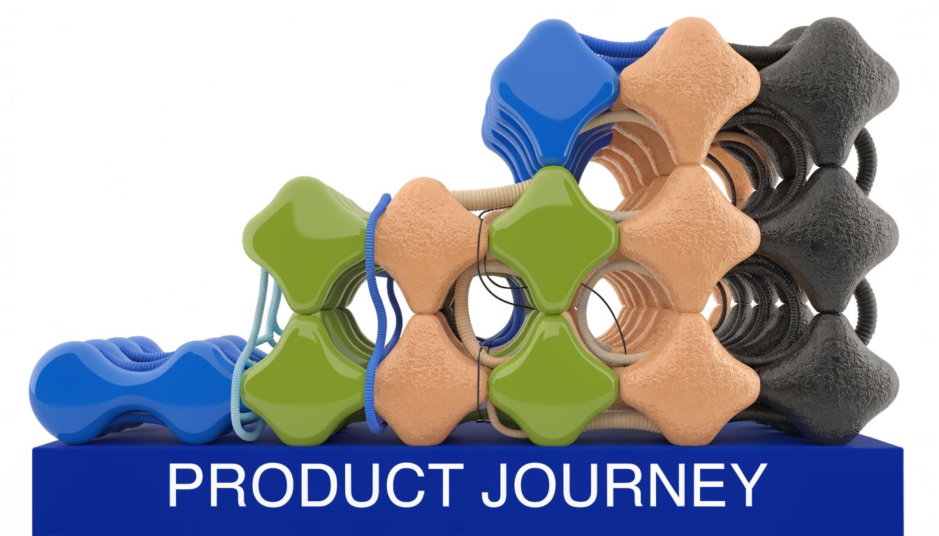 A 3D visualization showing a structured product journey with interconnected colorful geometric shapes on a blue base.