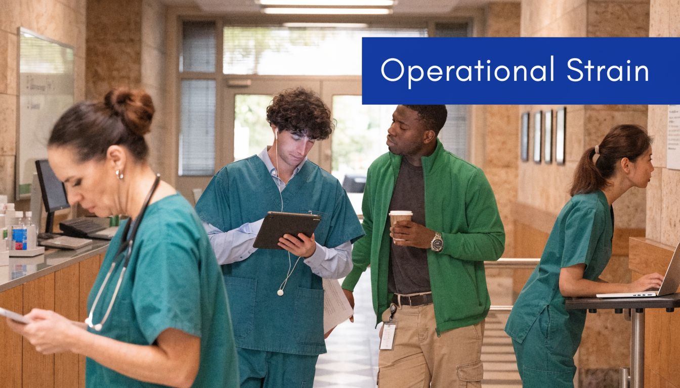 Medical staff working in a busy hospital corridor while managing patient care and administrative tasks together.