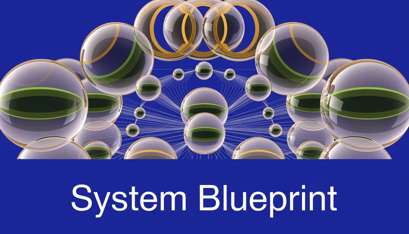 A digital graphic featuring floating spheres connected by network lines over a dark blue background.