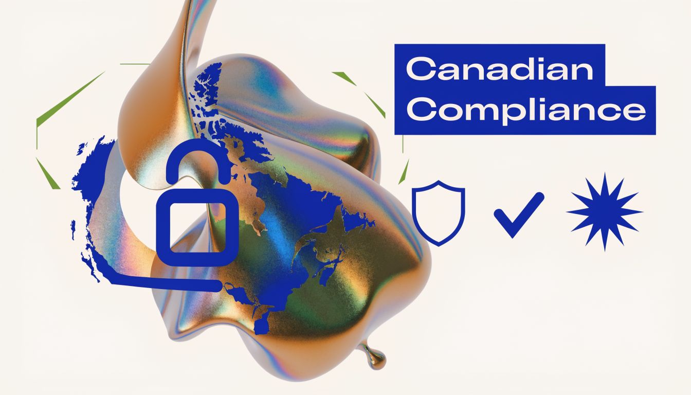 A digital graphic featuring a map of Canada with a blue padlock icon and compliance symbols.