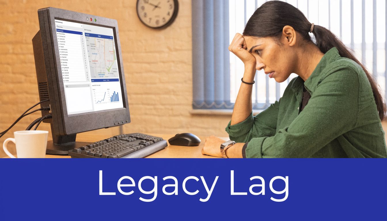 A woman looks frustrated at a dated computer screen, representing the challenges of outdated healthcare software systems.