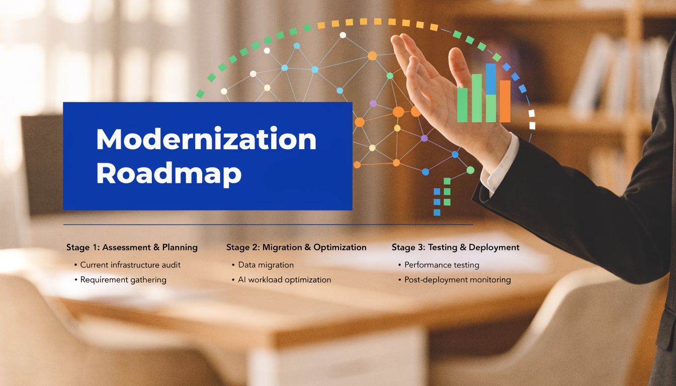 A professional holding a virtual graphic representing a three-stage business modernization roadmap with cloud infrastructure elements.