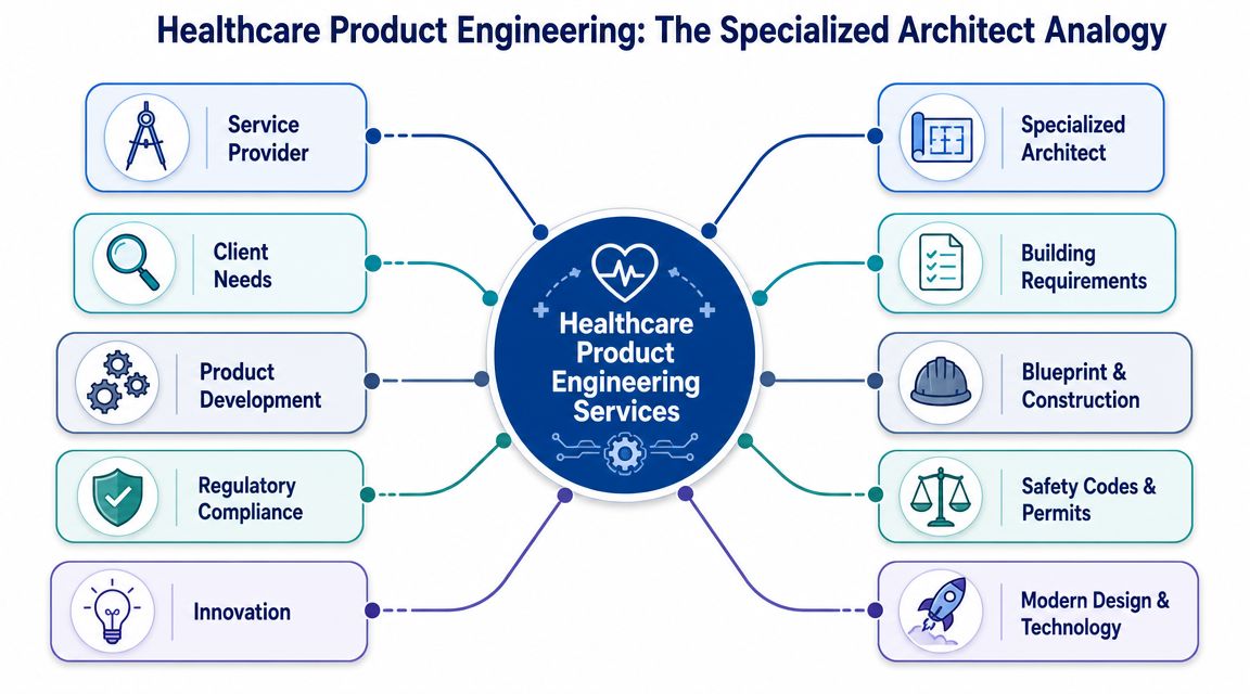 A diagram illustrating the analogy between healthcare product engineering services and the role of a specialized architect.