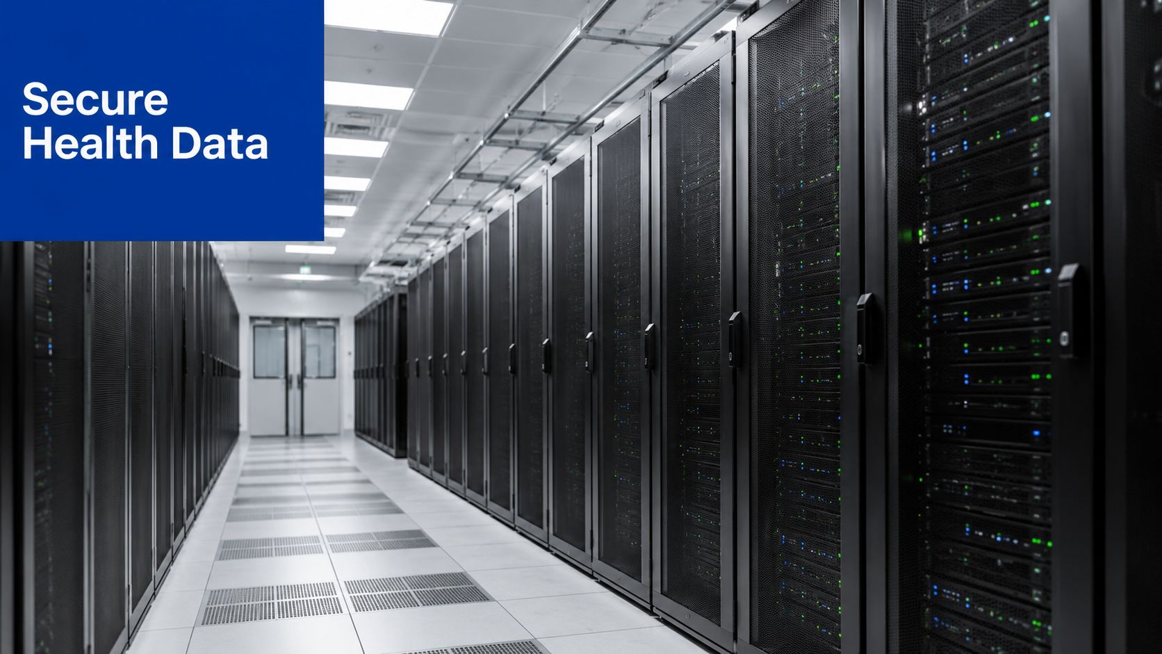A modern data center server room with rows of server racks for secure health data storage.