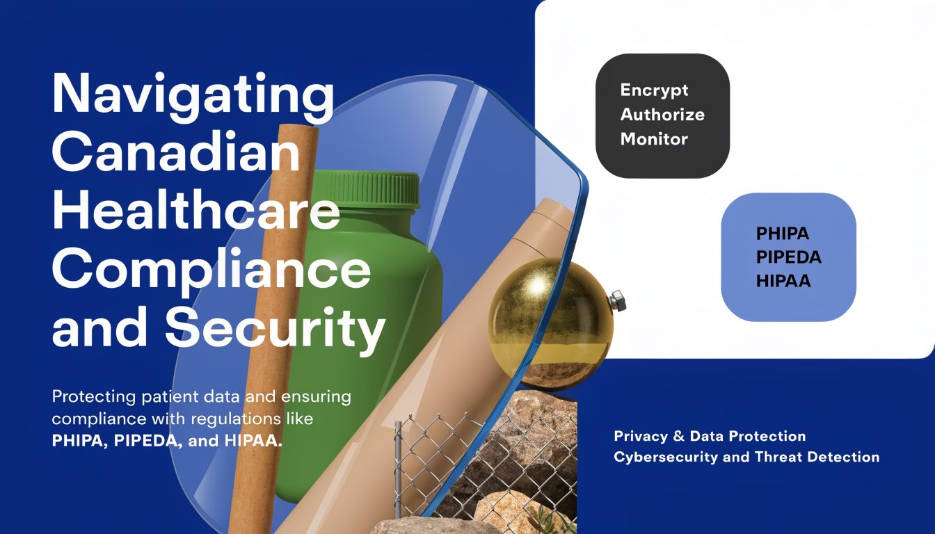 A graphic design focusing on Canadian healthcare compliance, cybersecurity standards, data protection, and regulatory framework awareness.