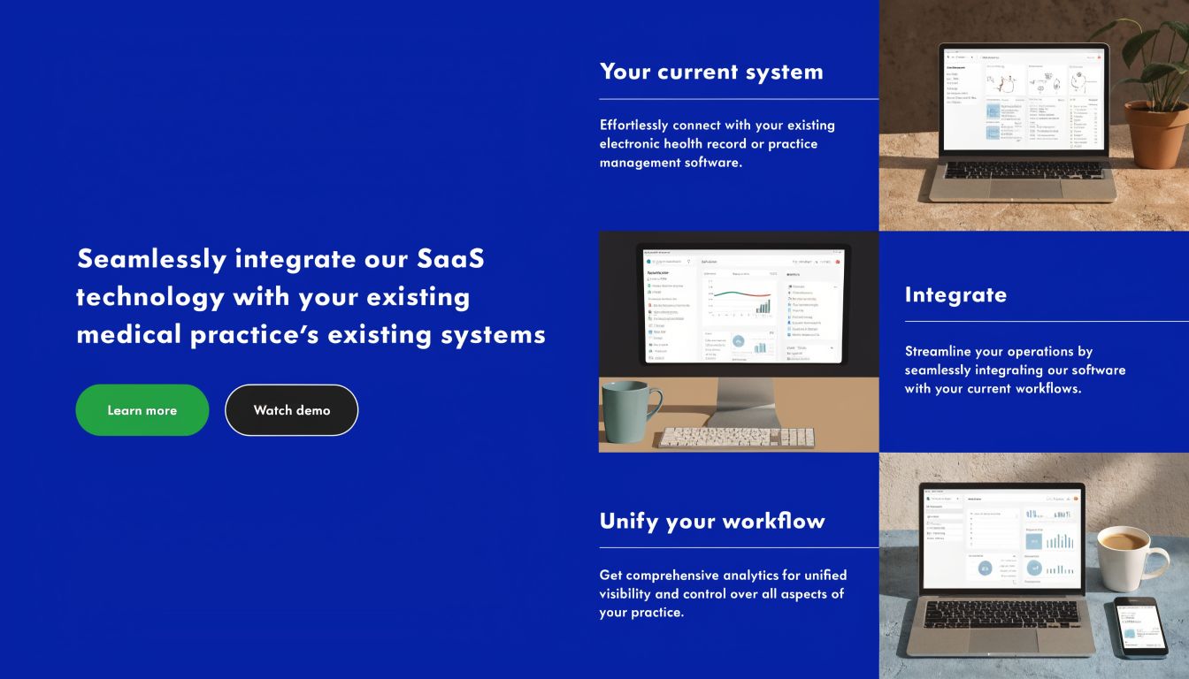 A digital graphic showcasing SaaS software integration with medical practice systems using computer and laptop screen displays.