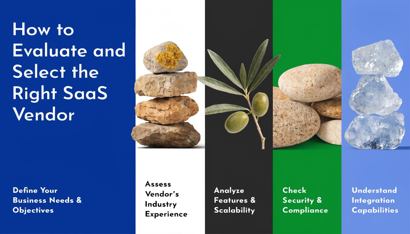 A graphic showing five key steps for evaluating and selecting the right SaaS vendor for your business.