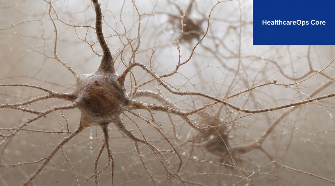 A microscopic 3D render of a complex neural network representing interconnected healthcare operational systems and data.