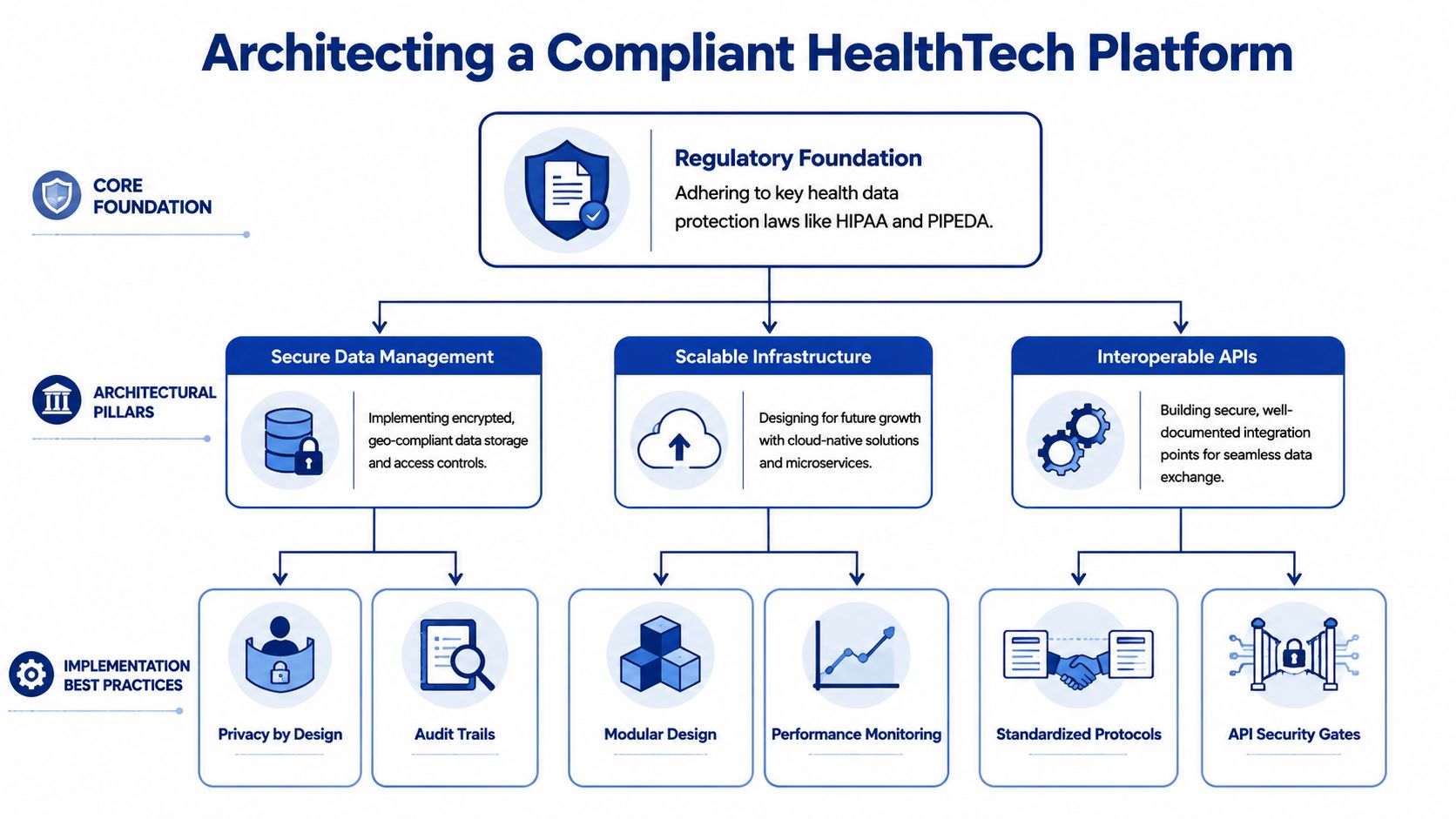 A diagram illustrating the core pillars and implementation best practices for architecting a compliant healthtech platform.