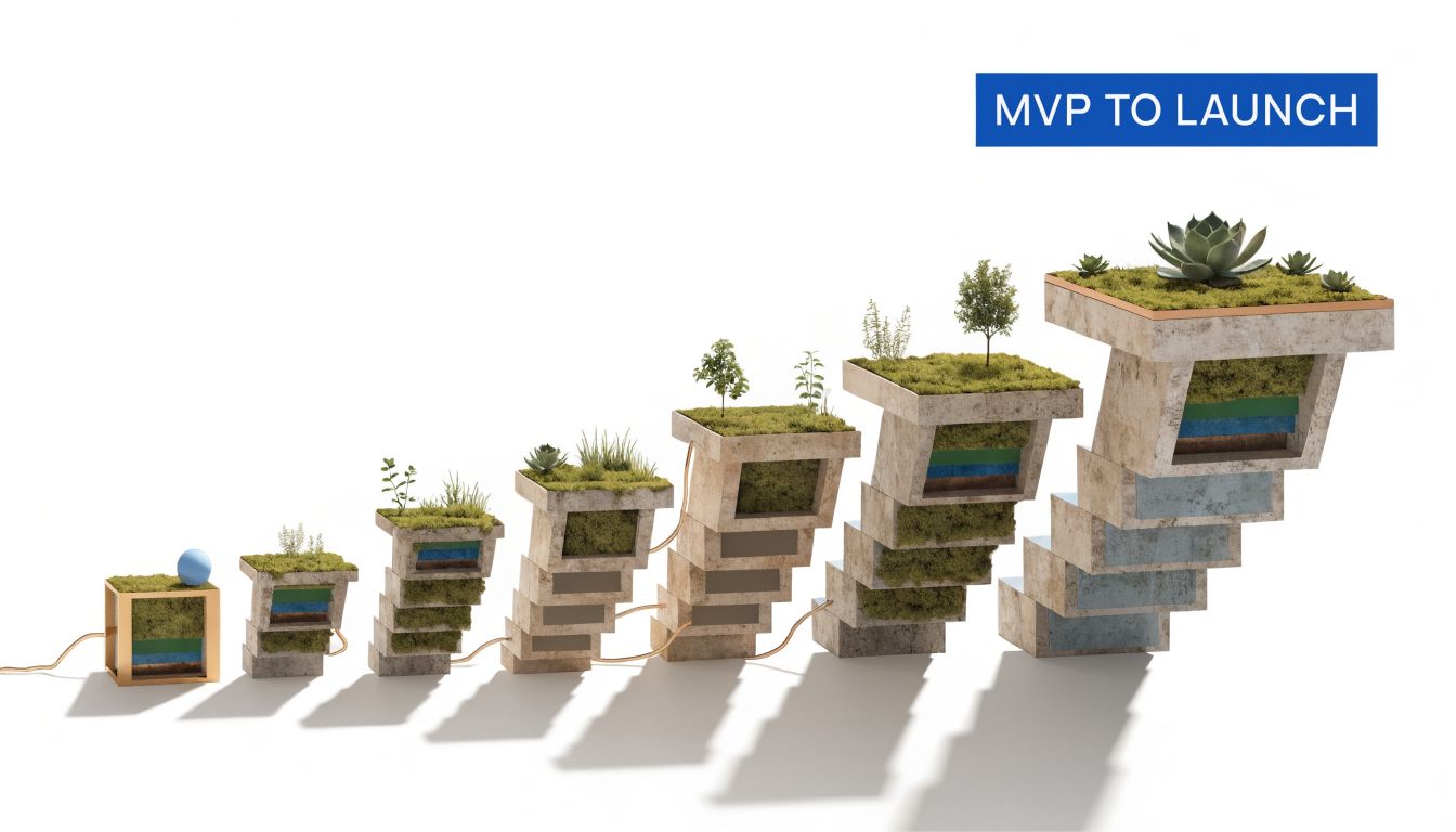 A 3D visualization showing a staircase made of concrete blocks growing plants to represent healthtech platform development progress.