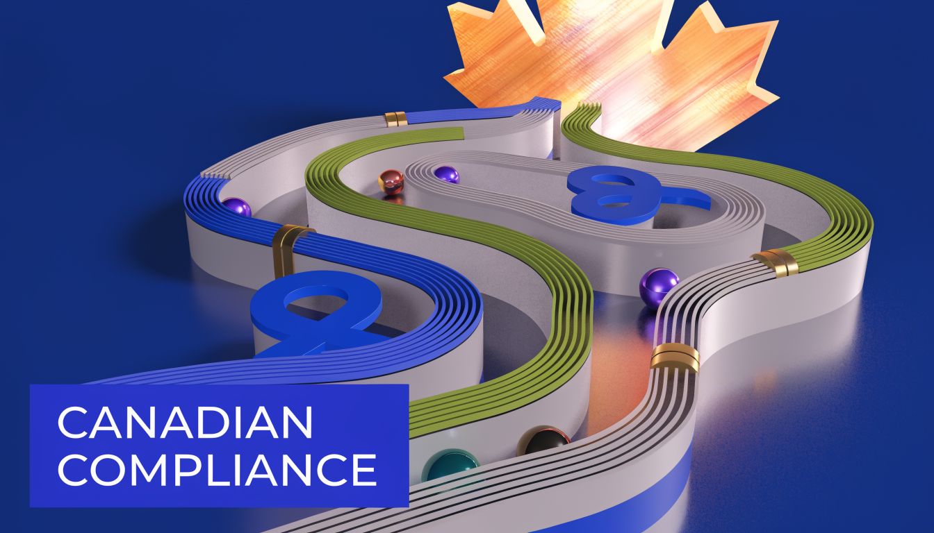 A 3D graphic showing a maple leaf, stylized pathways, and scattered spheres on a blue background.