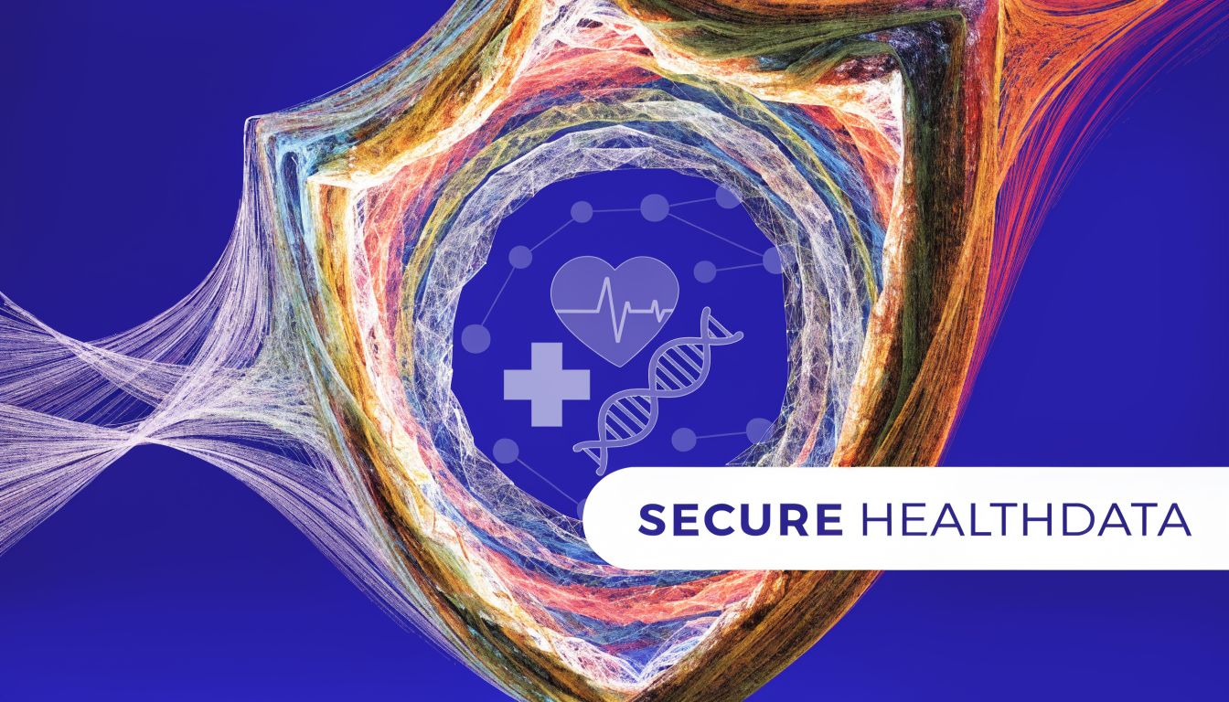 A digital shield graphic representing secure health data protection for modern medical technology and digital information systems.