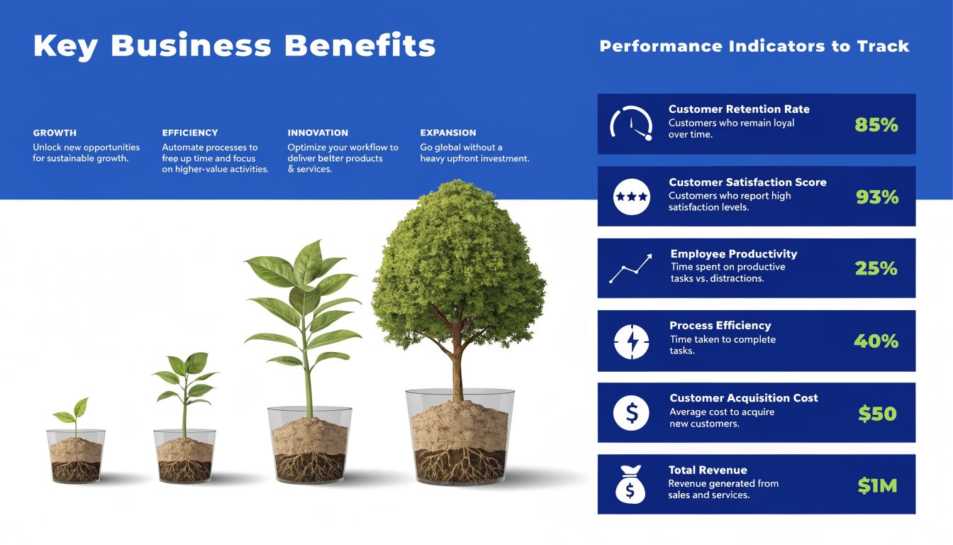 An infographic showing business growth benefits and key performance indicators like retention rate and revenue for inventory management.