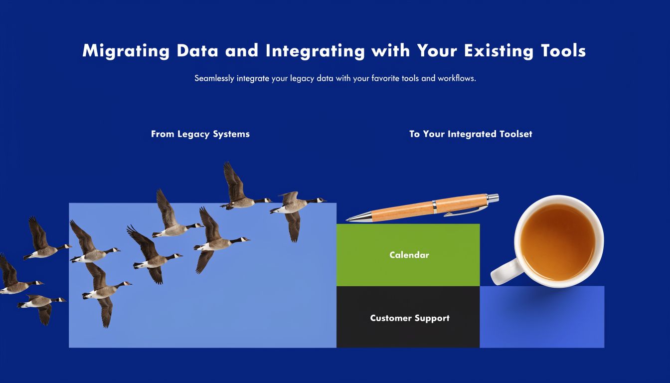 A conceptual graphic illustrating data migration from legacy systems into integrated modern business tools and workflows.