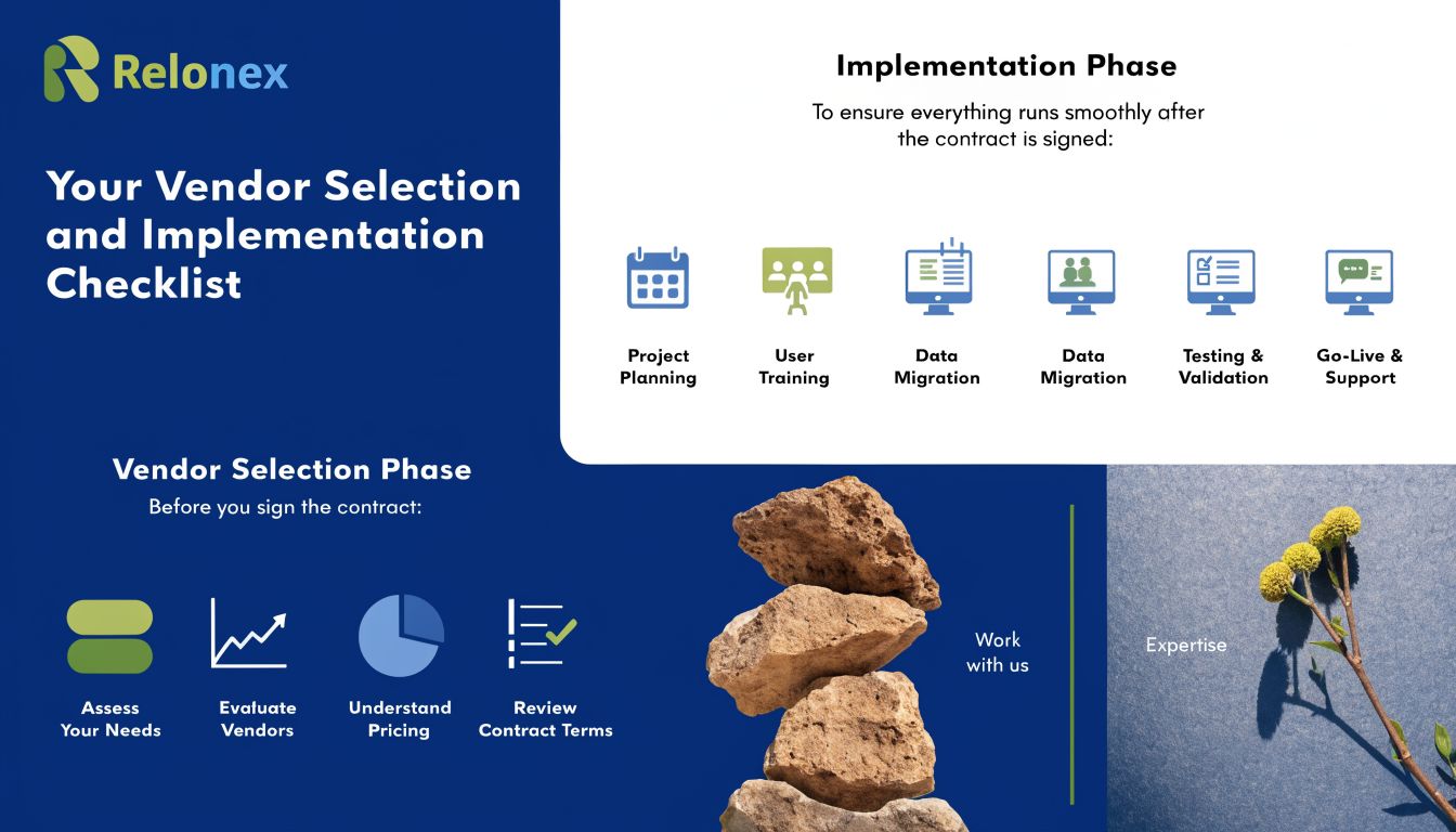 A checklist infographic by Relonex outlining vendor selection steps followed by the implementation phase for business software.