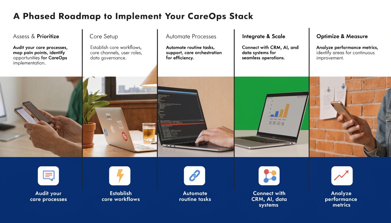 A phased roadmap infographic displaying five steps to implement a modern care operations tech stack for businesses.