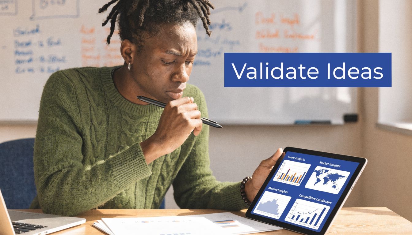 A young professional analyzing business data on a digital tablet to validate startup product ideas.