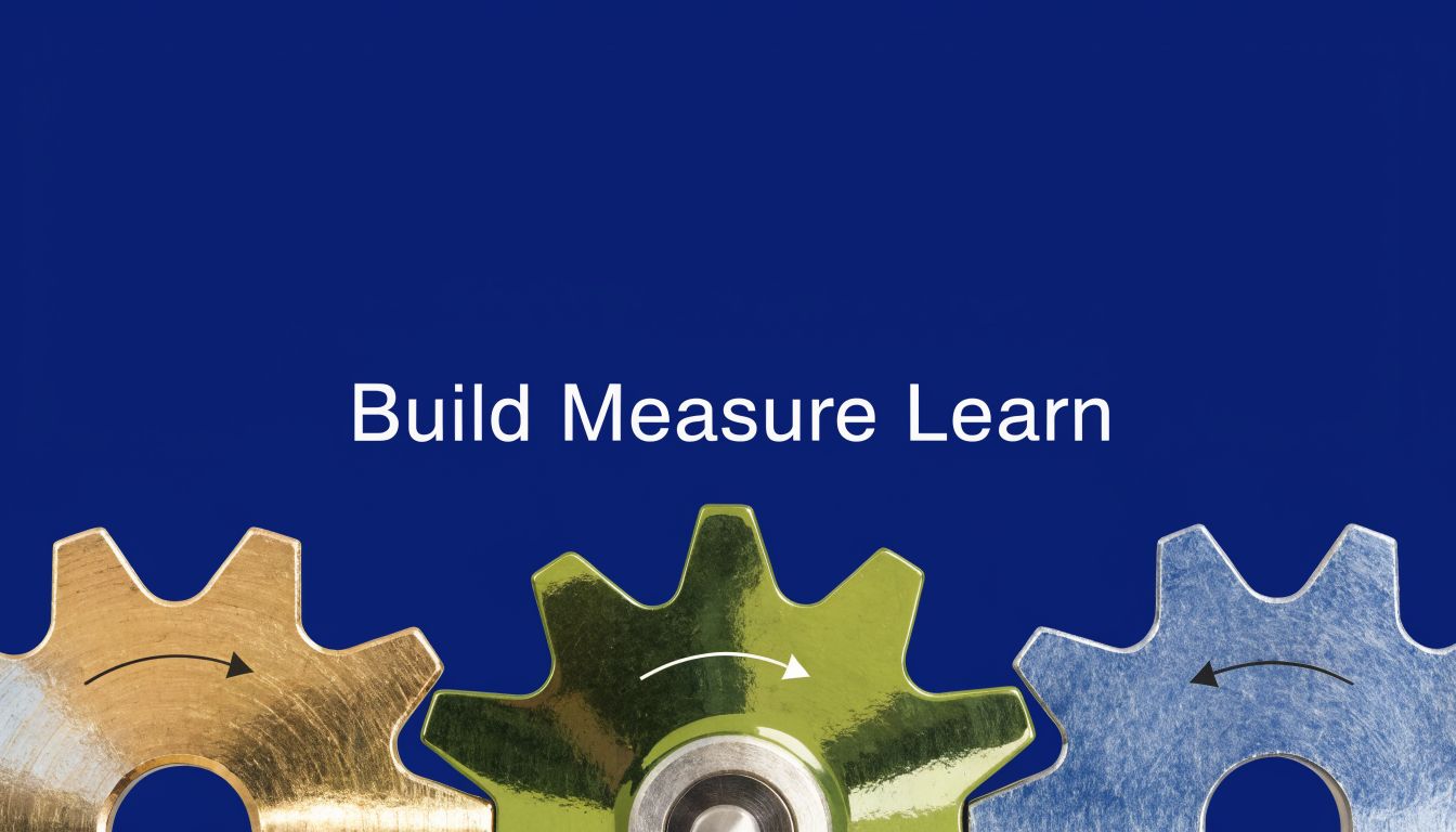 Three interlocked colorful gears with arrows illustrating the concept of build, measure, and learn for business.