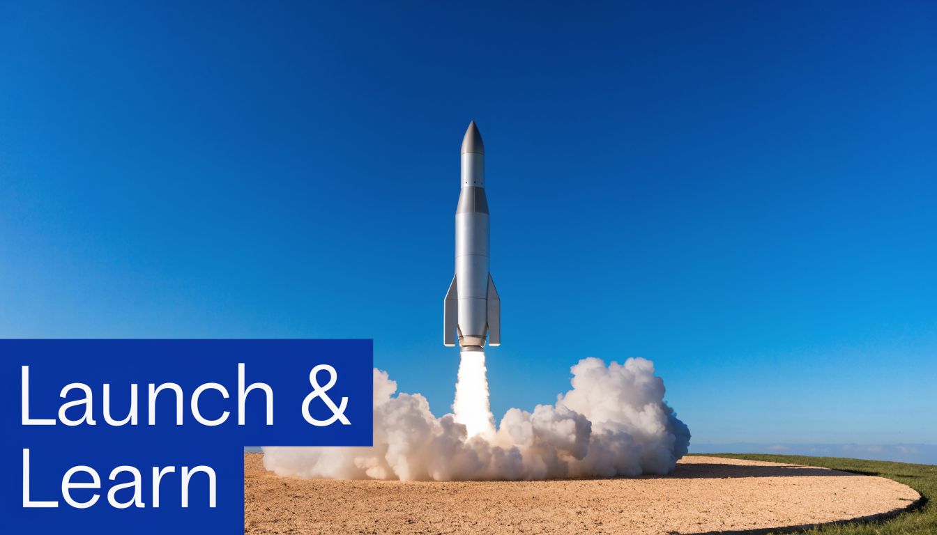 A silver rocket taking off from a dusty launch pad under a bright, clear blue sky.