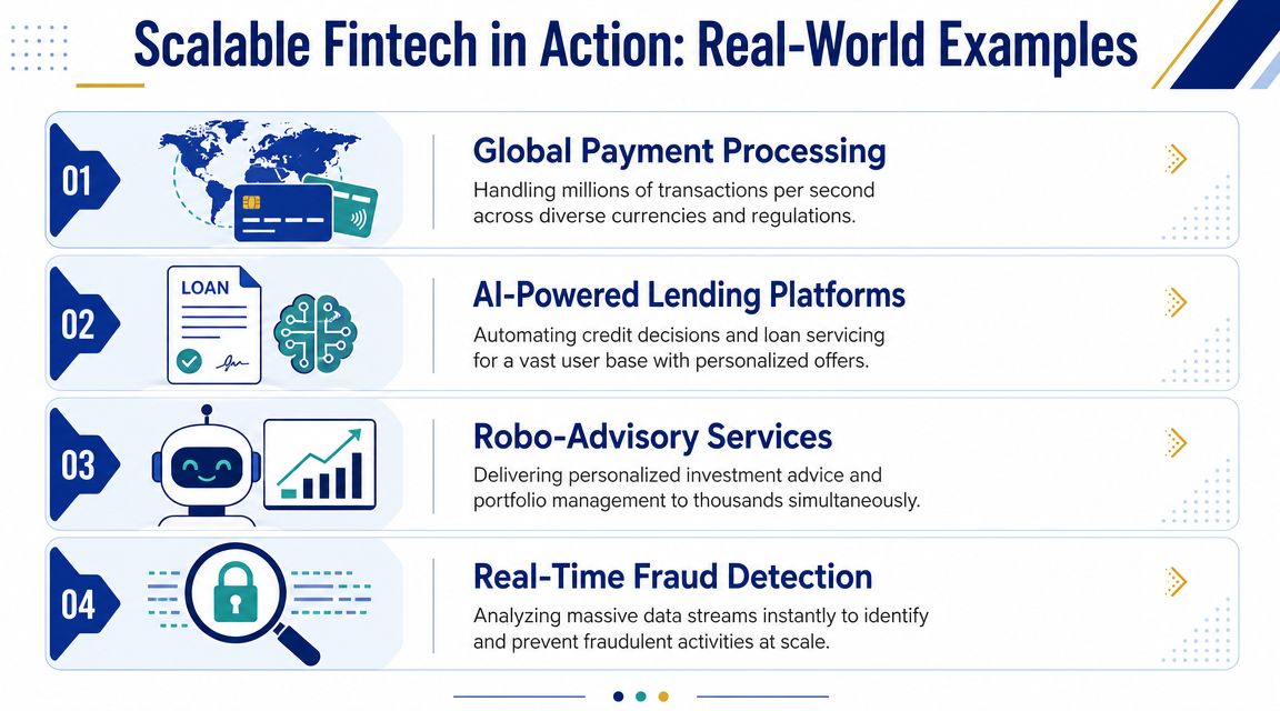 An infographic illustrating four examples of scalable fintech solutions including payment processing, AI lending, robo-advisory, and fraud detection.
