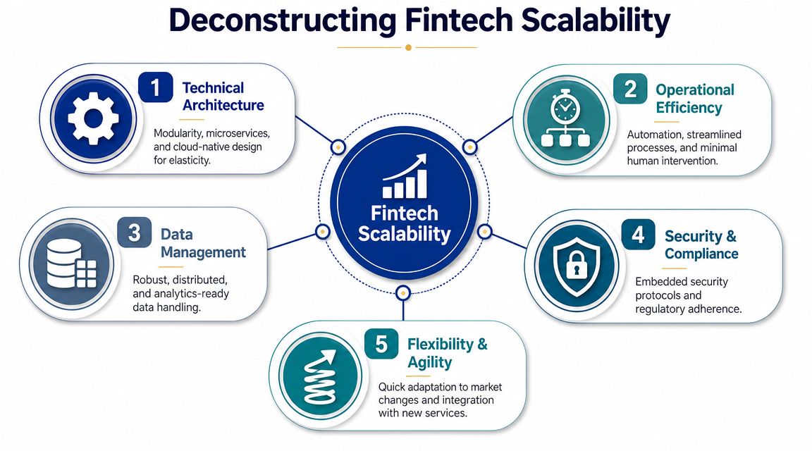 A diagram illustrating the five key components for achieving and maintaining effective scalability in fintech business models.