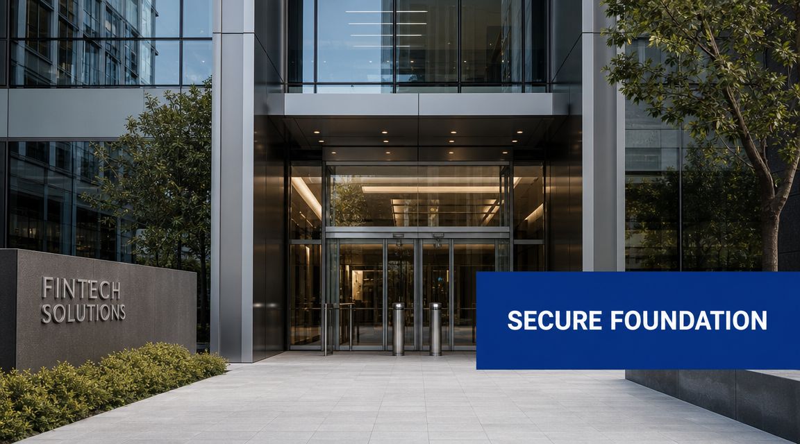 A modern glass office building entrance featuring a sign reading Fintech Solutions with a blue overlay.