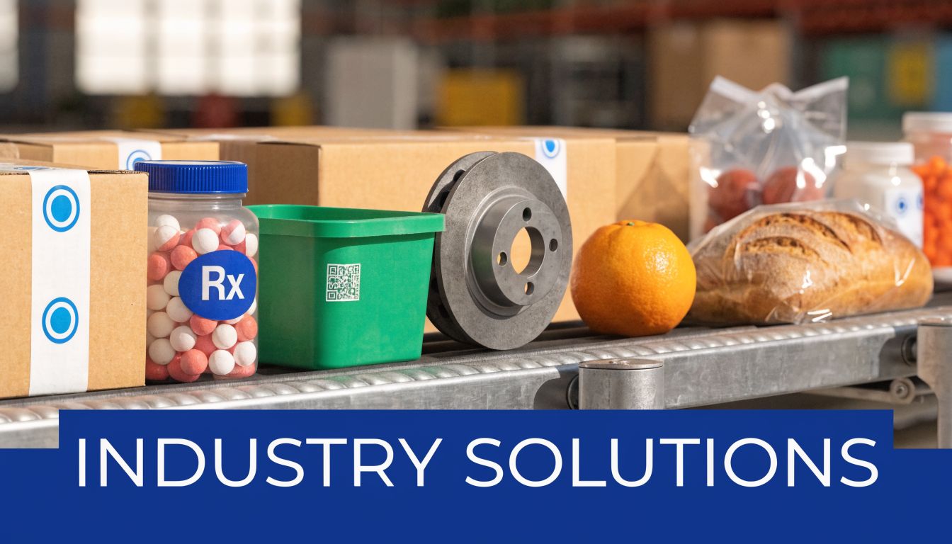 Various products including medicine, food, and automotive parts moving along a conveyor belt in a warehouse.