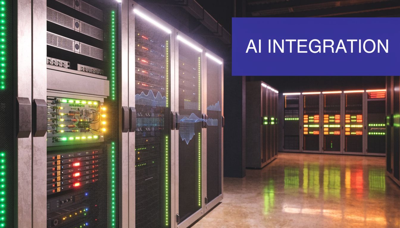 A brightly lit server room featuring rows of computer server racks with glowing lights and data visualizations.