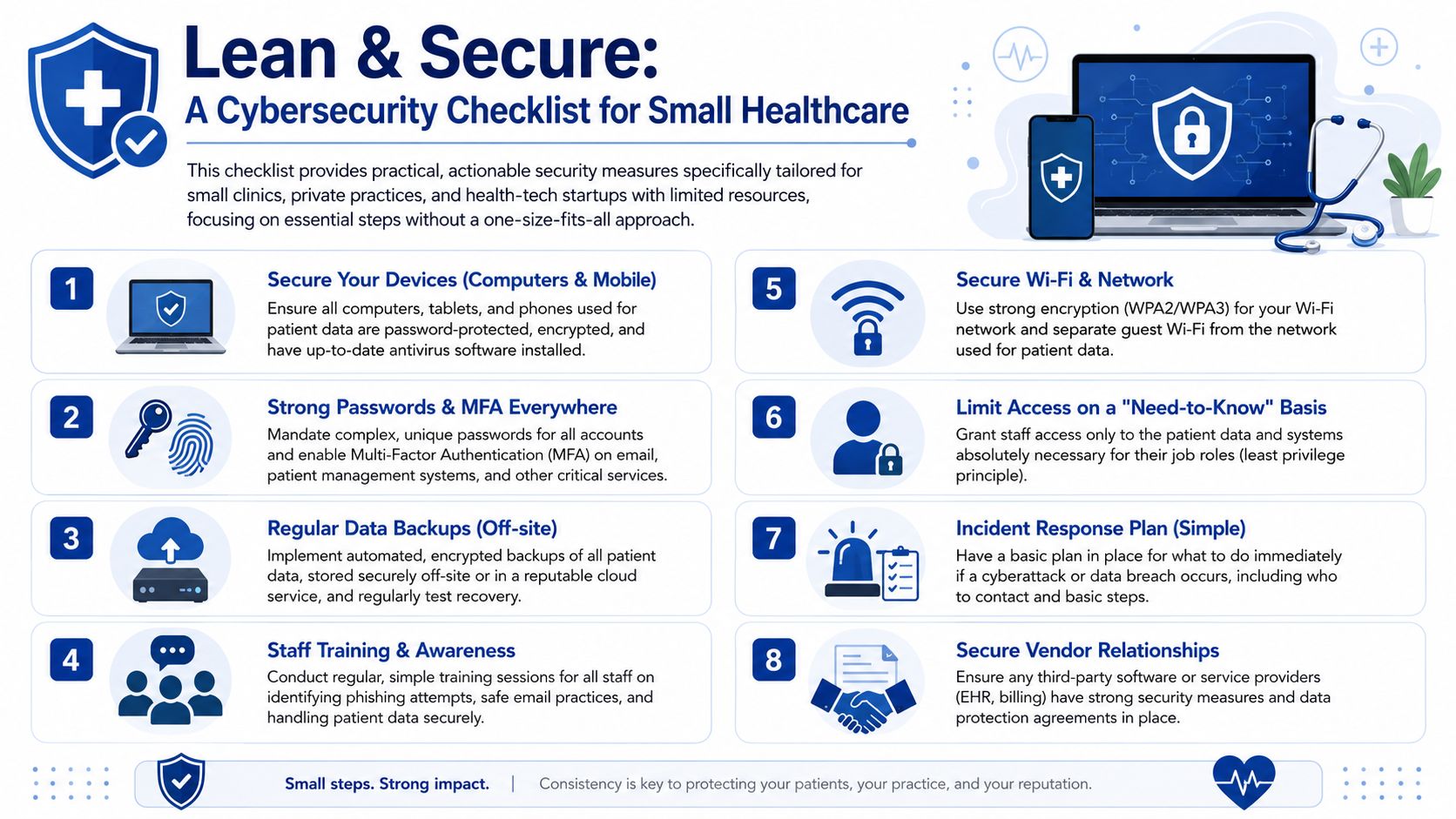 A cybersecurity checklist infographic titled Lean and Secure for small healthcare practices to protect patient data.