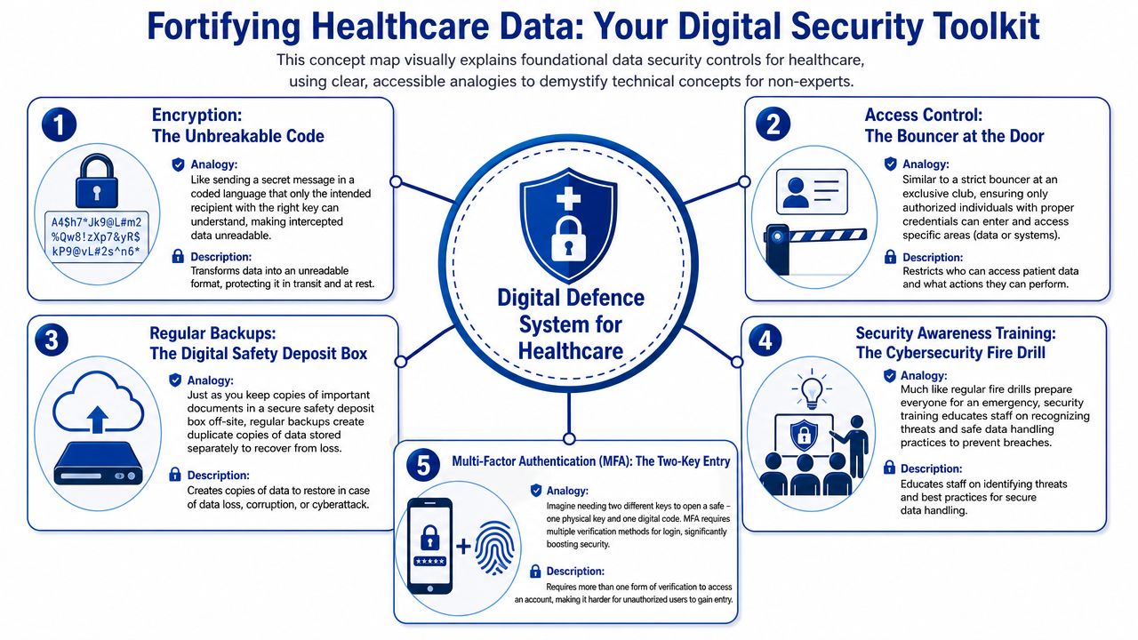 A digital security toolkit concept map illustrating five key data protection measures for the healthcare industry.