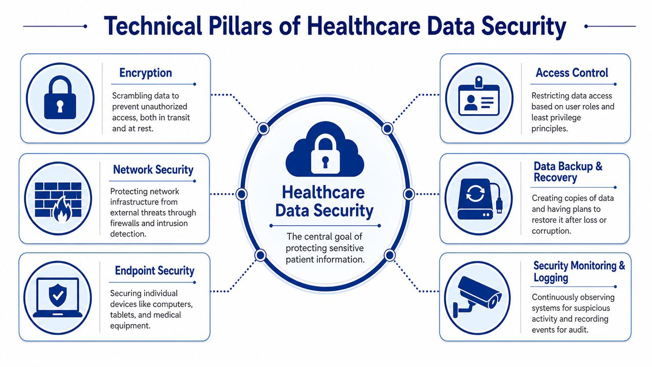 A diagram outlining the six technical pillars of healthcare data security, including encryption, network, endpoint, access, backup, and monitoring.