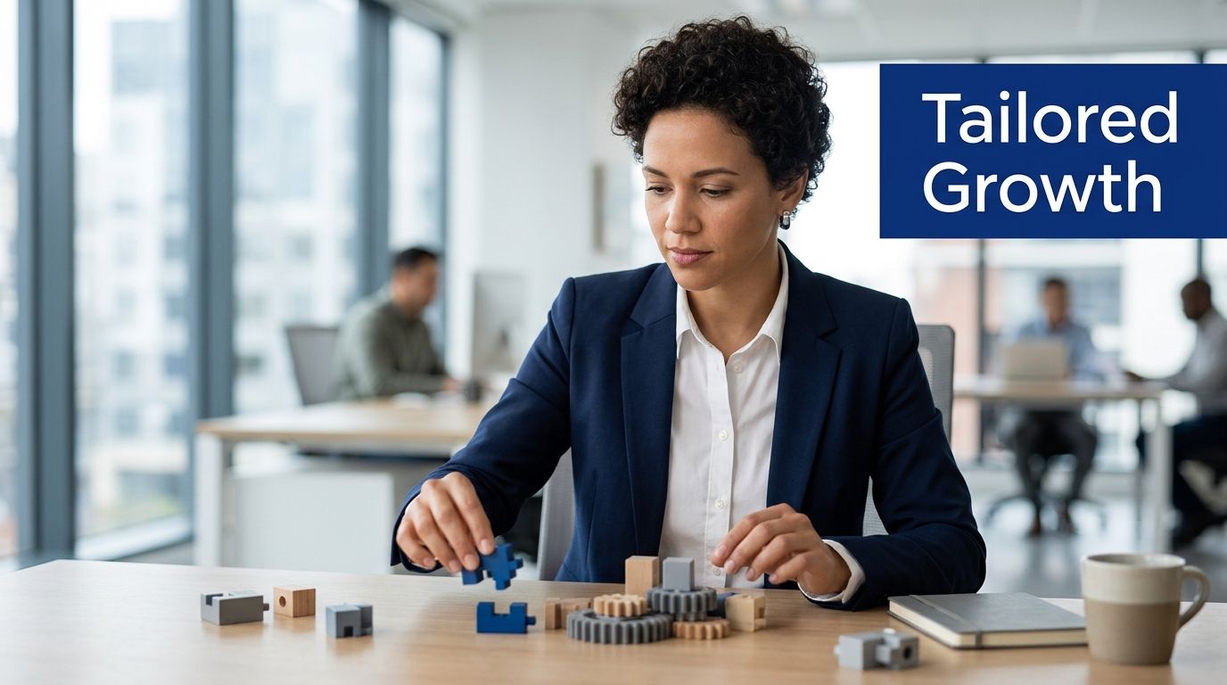 A professional woman in a suit building a mechanical gear assembly on an office desk.