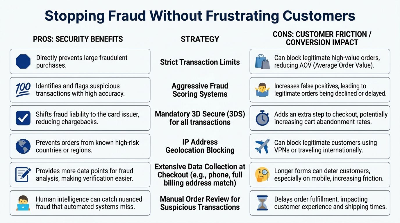 A comparison chart showing how various ecommerce fraud prevention strategies impact security benefits and customer experience.