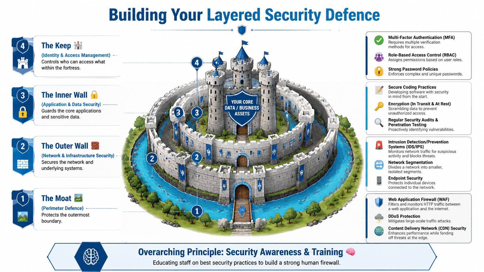 A diagram of a castle fortress illustrating a layered security strategy for protecting business data and systems.