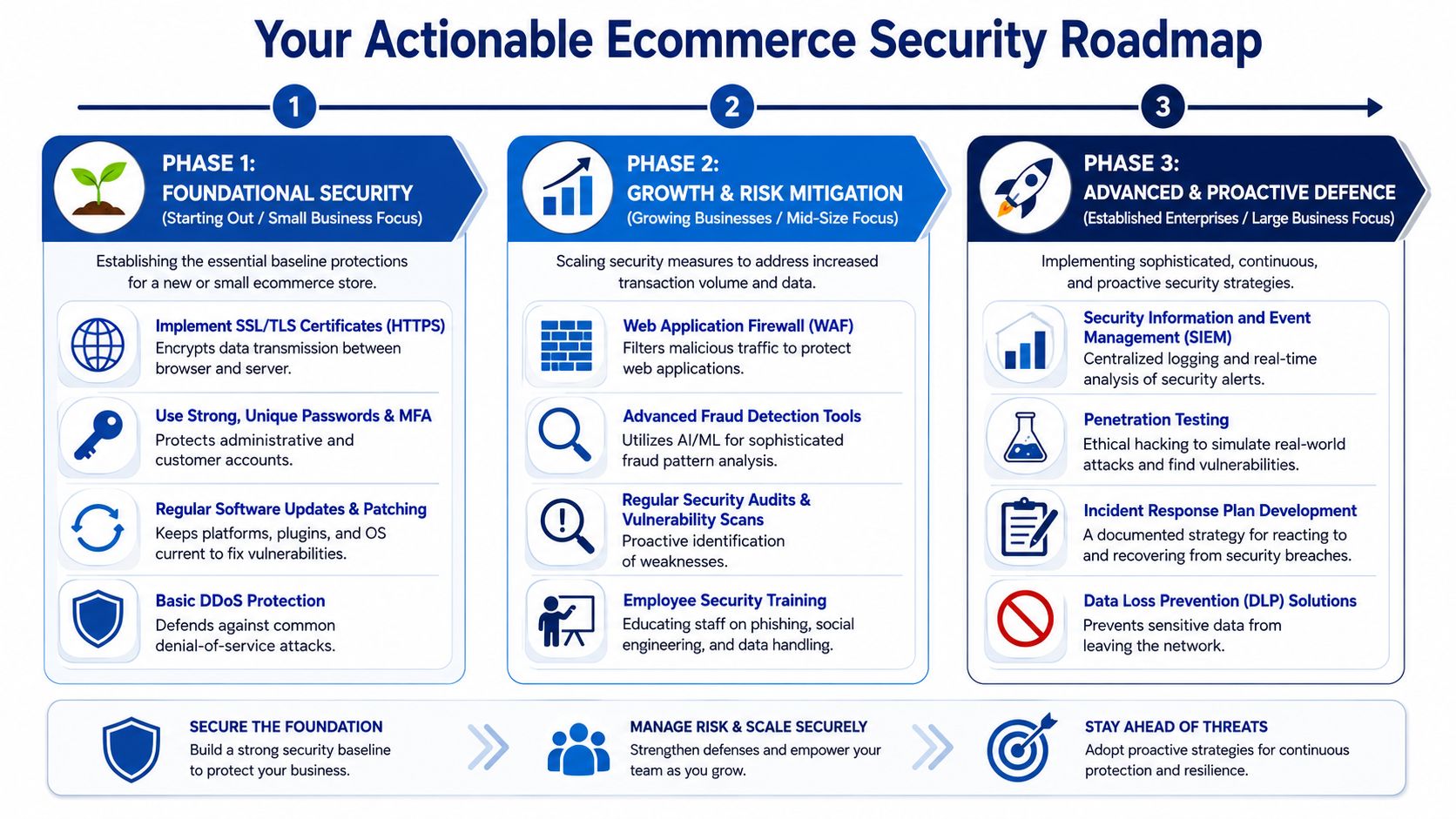 A comprehensive roadmap outlining three phases of essential ecommerce security strategies for business growth and threat protection.
