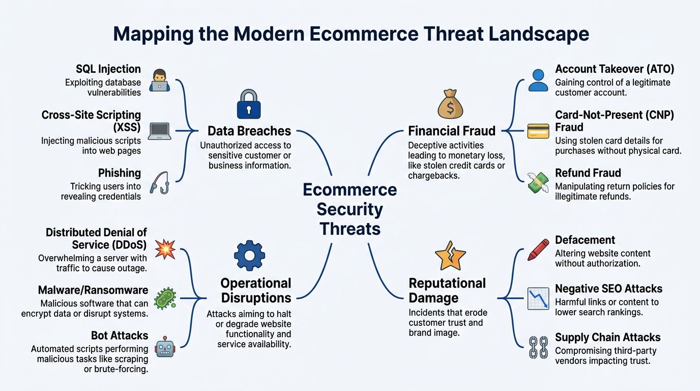 A mind map illustrating various ecommerce security threats like data breaches, financial fraud, and operational disruptions.