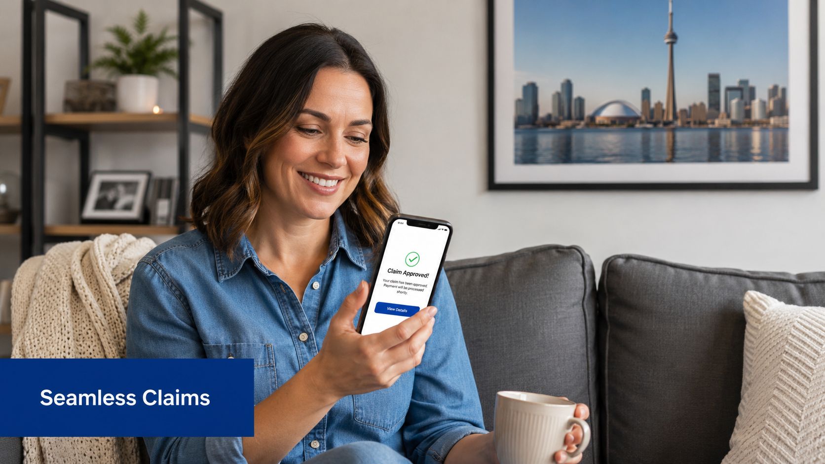 A smiling woman sitting on a couch while viewing an approved insurance claim on her smartphone.