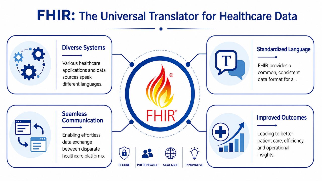 An infographic illustrating FHIR as the universal translator for healthcare data, showcasing its benefits and key principles.