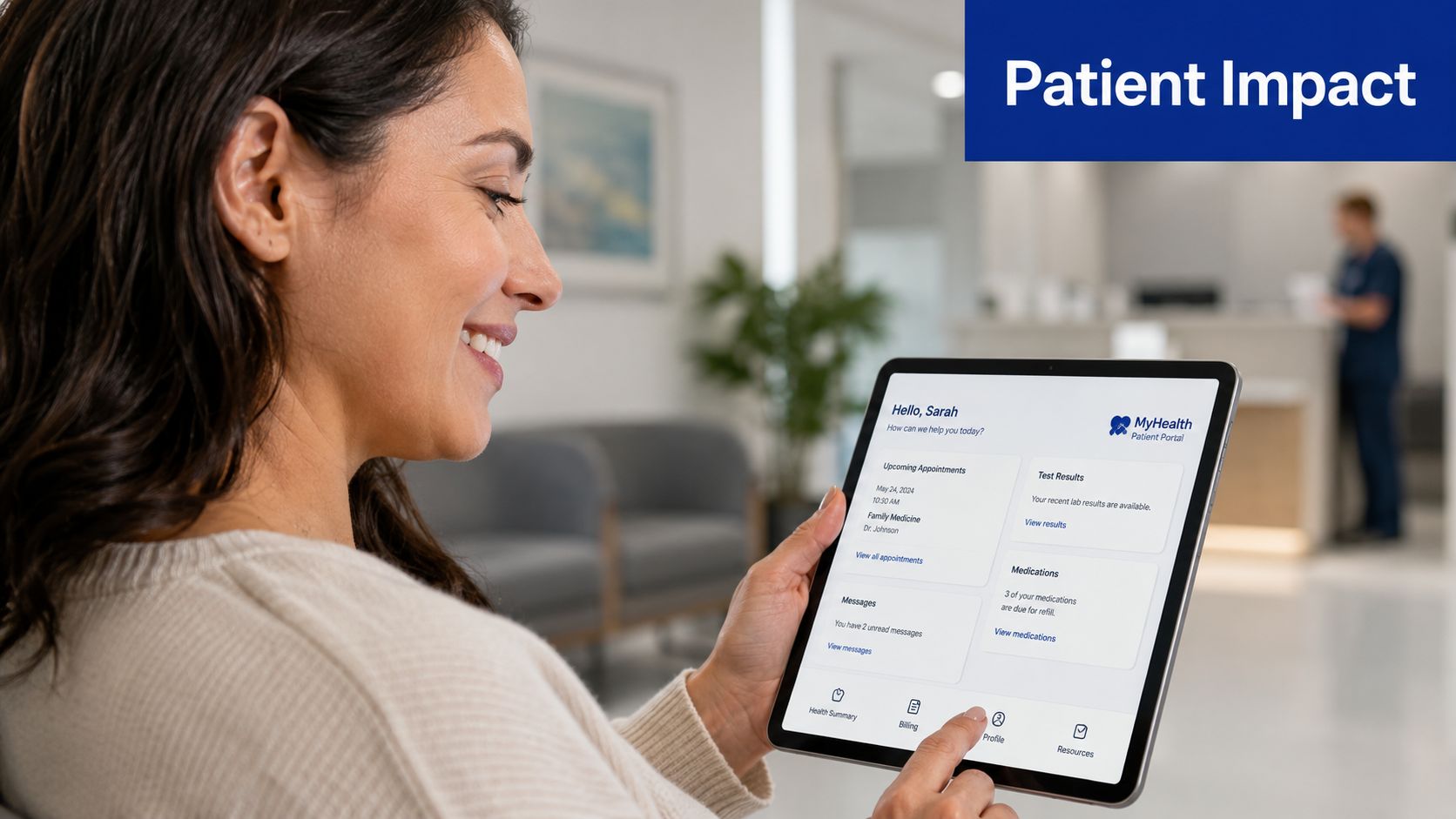 A woman smiling while using a tablet displaying a MyHealth patient portal interface in a clinic.