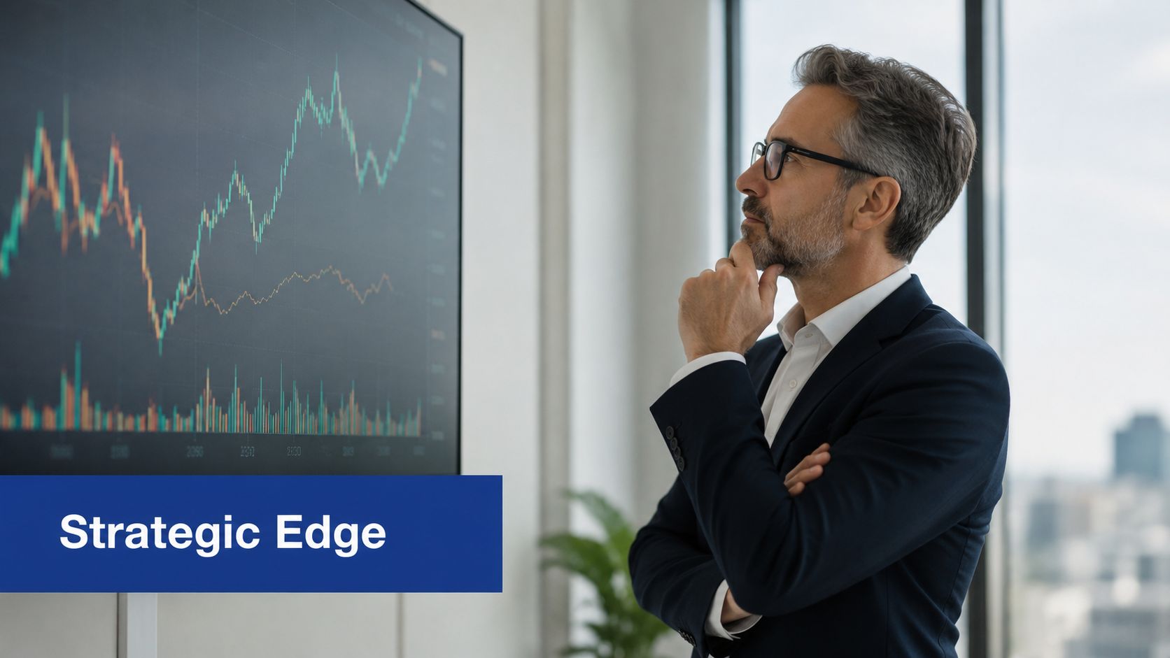 A professional man in a suit looking thoughtfully at a large digital stock market monitor.