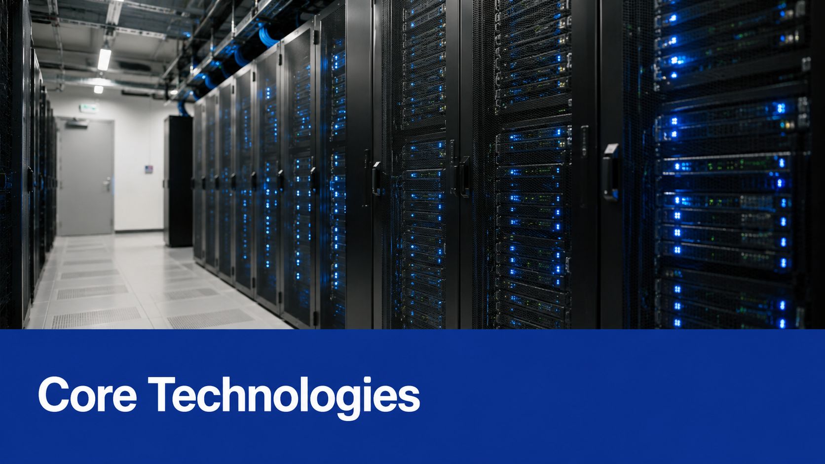 A modern data center server room with rows of black server racks illuminated by blue LED lights.