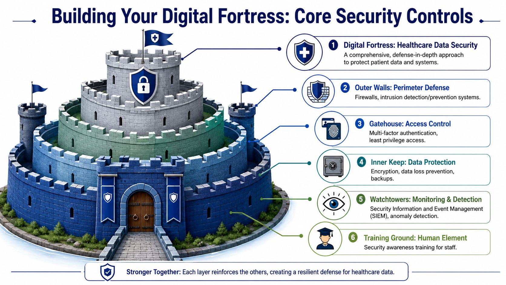 A digital fortress illustration representing a defense-in-depth security model for protecting healthcare data and systems.
