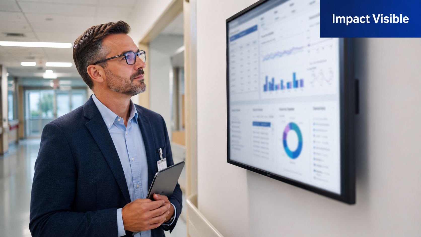 A professional man holding a tablet observes data charts displayed on a wall-mounted healthcare monitoring screen.