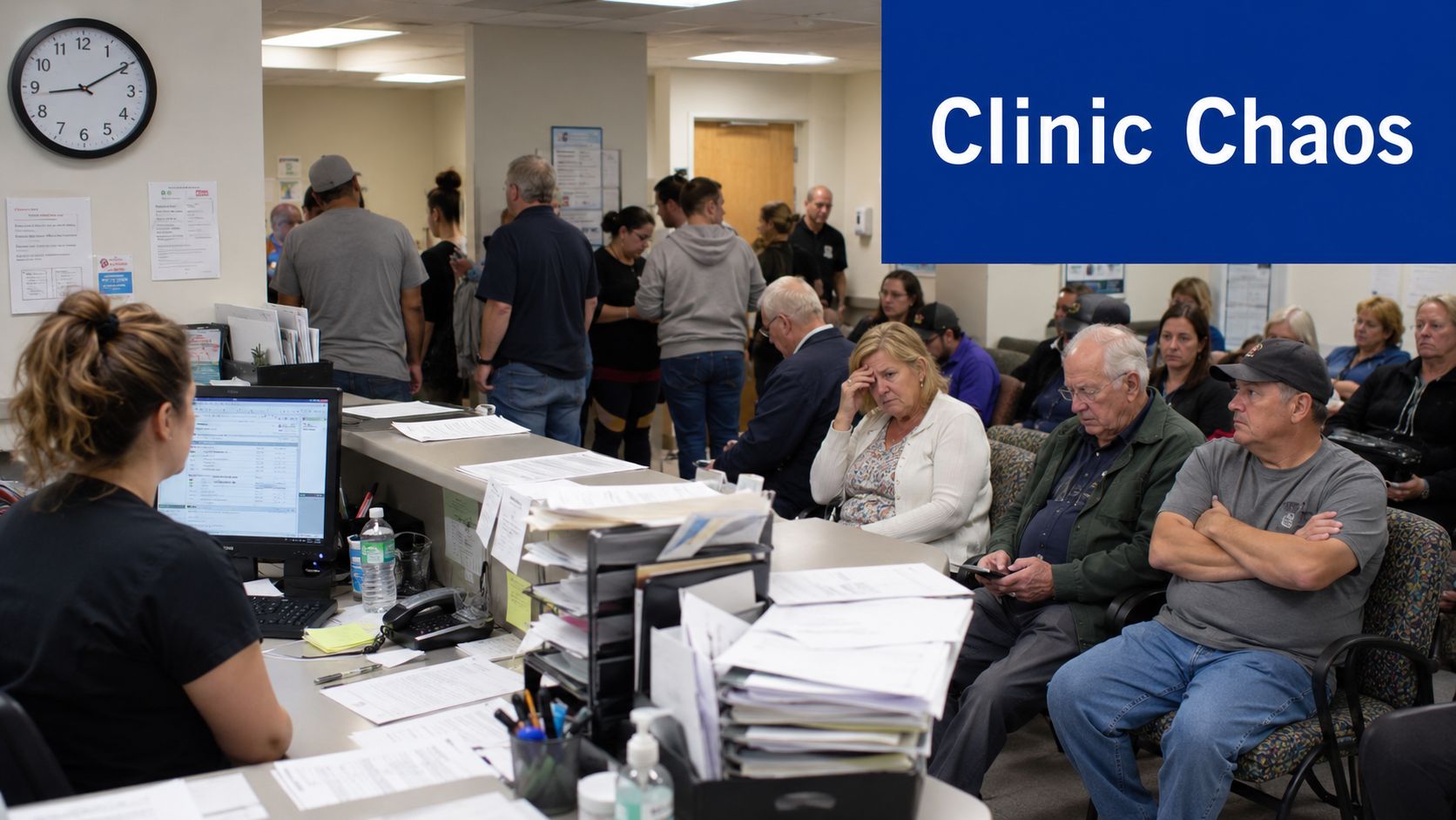 Patients waiting in a busy medical clinic lobby while a receptionist processes information at the front desk.