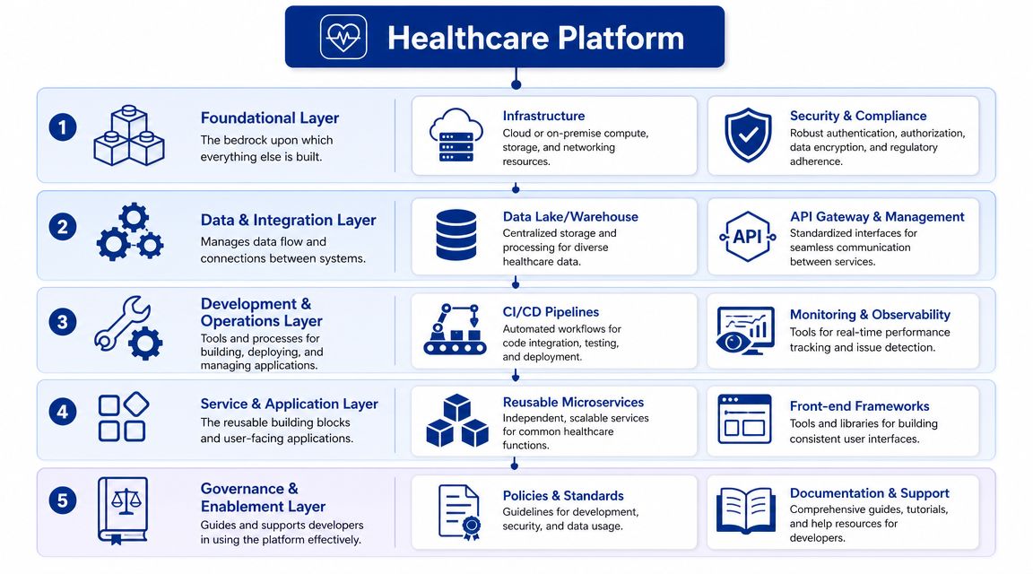 A diagram illustrating the five-layer architecture of a modern scalable healthcare platform engineering system.