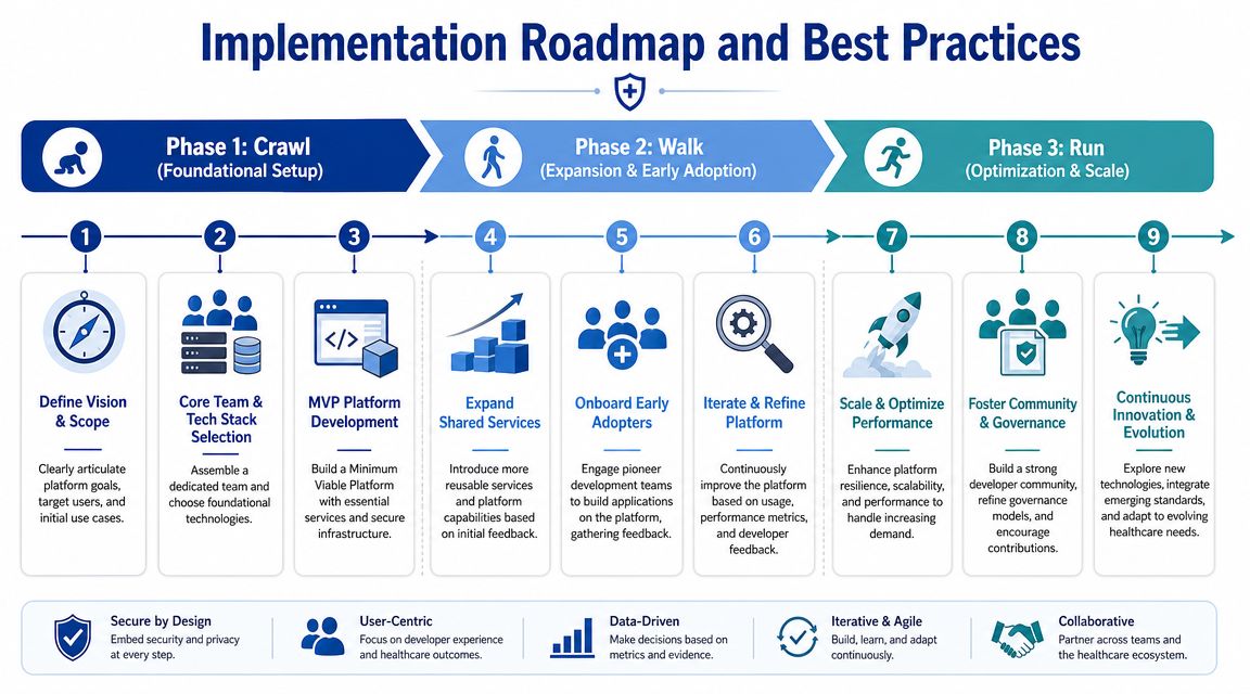 An implementation roadmap for healthcare platform engineering featuring three phases: Crawl, Walk, and Run with nine steps.