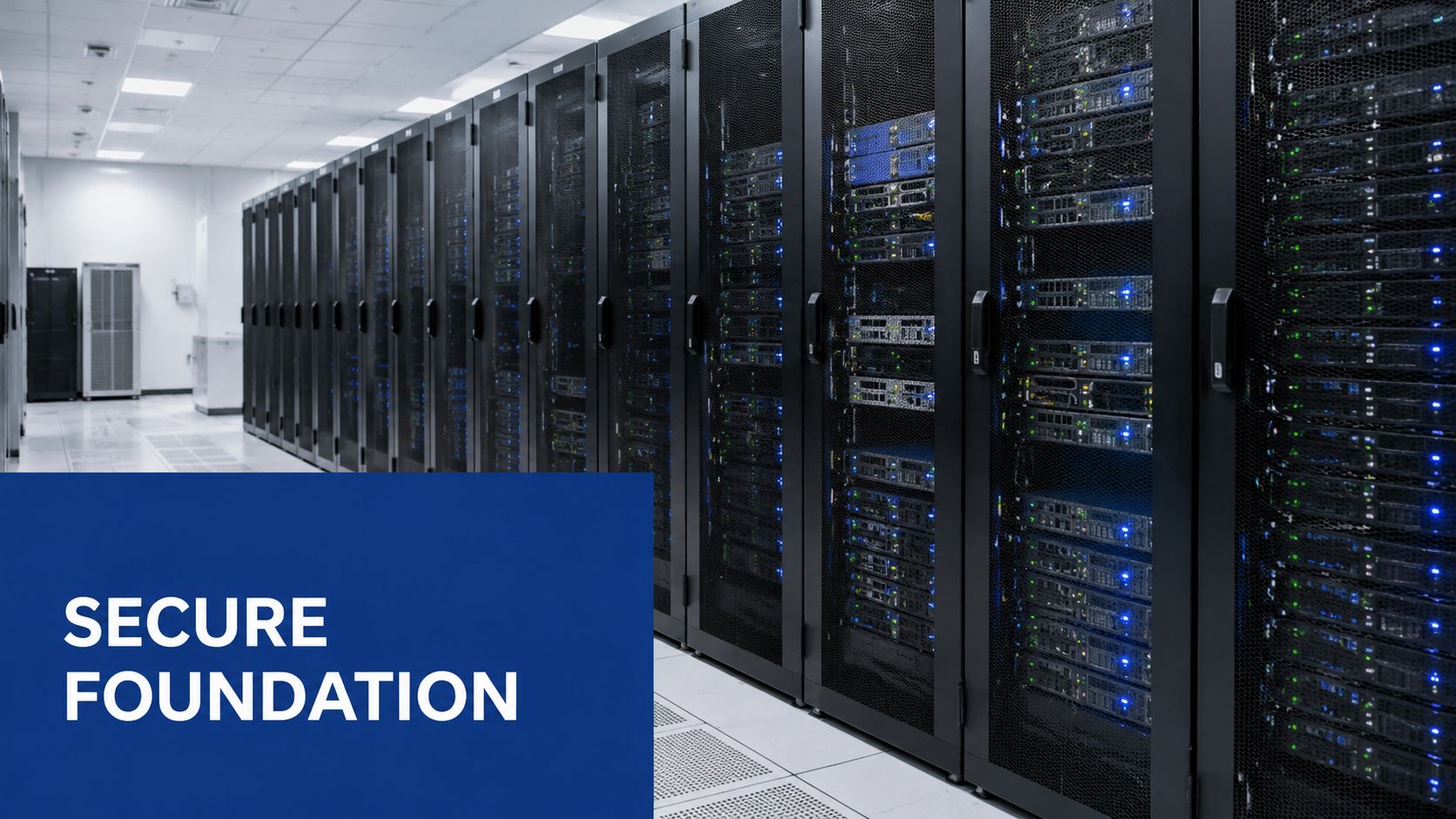 A row of black server racks in a secure, modern data center facility with blue lighting.