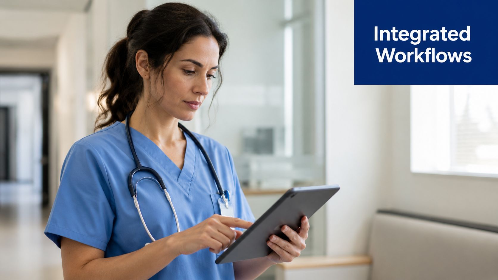 A female healthcare professional in blue scrubs reviewing patient data on a tablet in a clinic.