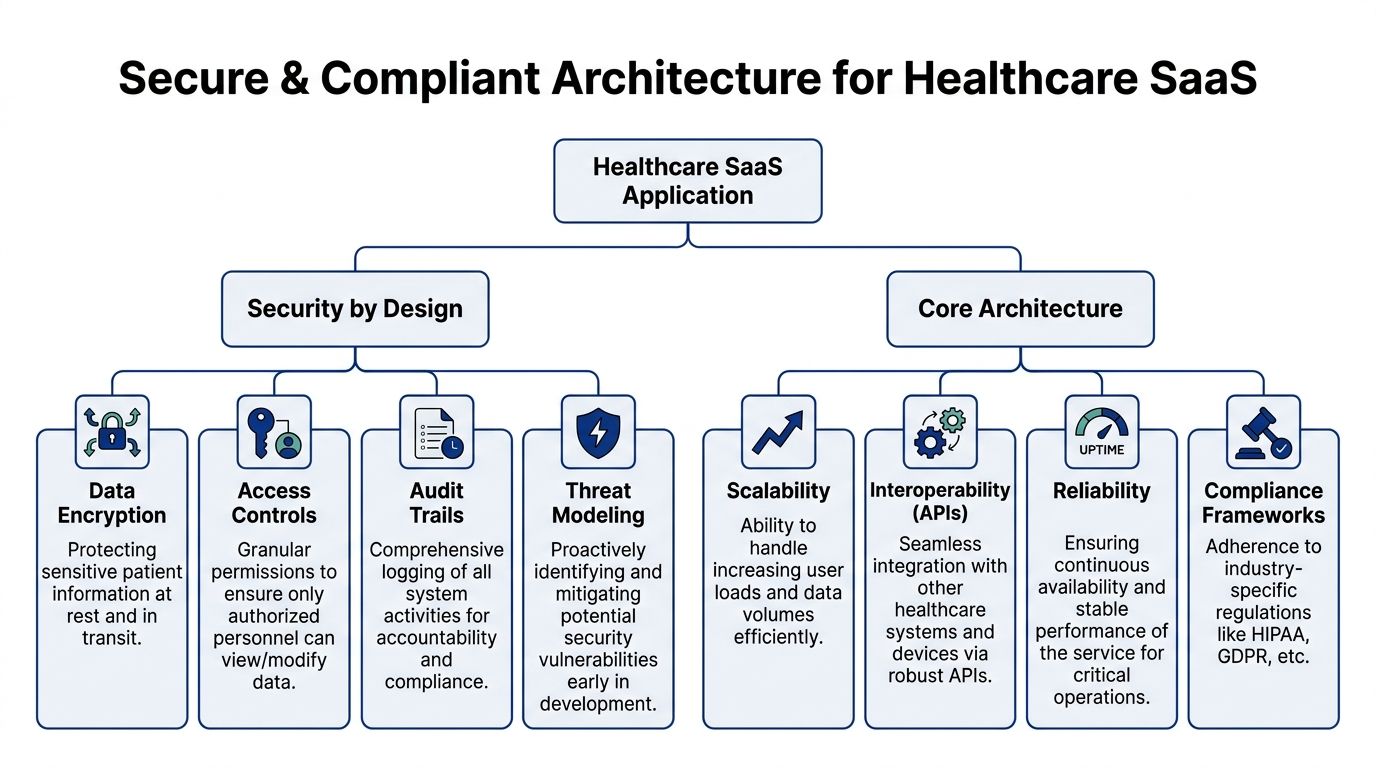 A diagram illustrating the secure and compliant architecture for a healthcare SaaS application, focusing on security and core architecture.